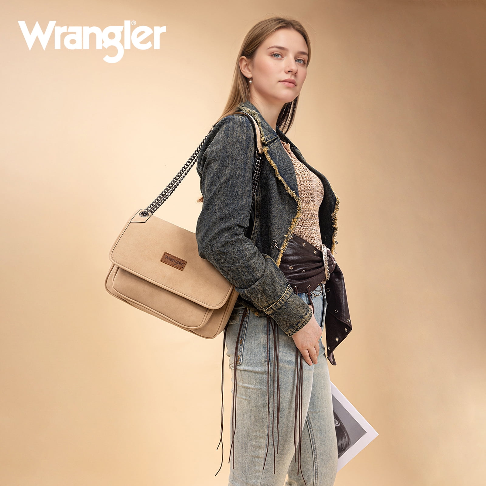 Wrangler Shoulder Bag for Women Retro Purses and Handbags Crossbody Bags with Chain Strap, Tan