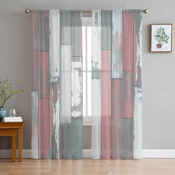 ERUNPONLY Pink Gray Sheer Curtains 96 Inch Length 2 Panels Set, Country Vintage Gradient Mottled Wood Grain Voile Window Treatment Sheer Long Curtains Drapes for Bedroom/Living Room/Kitchen 52"x96"x2