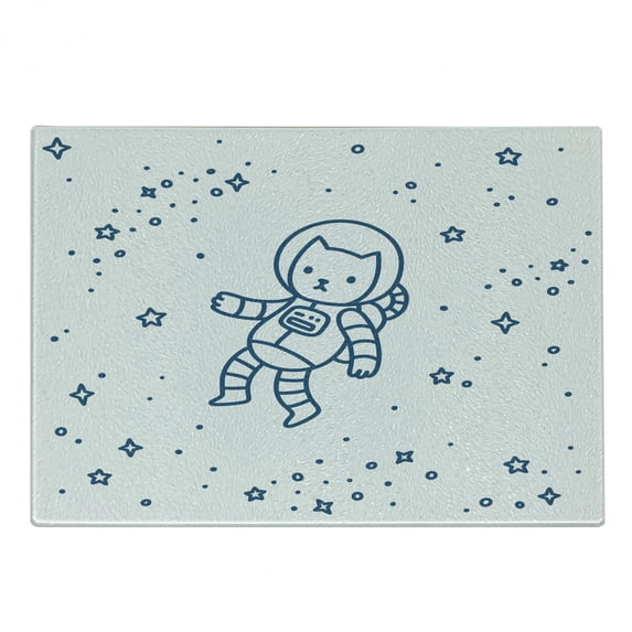 Cat Cutting Board, Cartoon Astronaut Pioneer Cat Flying in Outer Space Doodle Style Constellation, Decorative Tempered Glass Cutting and Serving Board, Small Size, Dark Blue, by Ambesonne