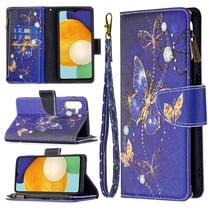 Feishell Galaxy A14 5G Case Zipper Purse Embossed Pattern Premium Leather Wallet Cover Flip Stand Card Slots Holder Magnetic with Wrist Strap Case for Samsung Galaxy A14 5G, Purple Butterfly
