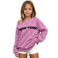 thumbnail image 4 of lnmuld Girls Long Sleeve Off Shoulder Sweatshirt, NEW YORK Graphic Print, Soft Stretchy Loose Fit Casual Spring Fall Top Size:3-4 Years, 4 of 5