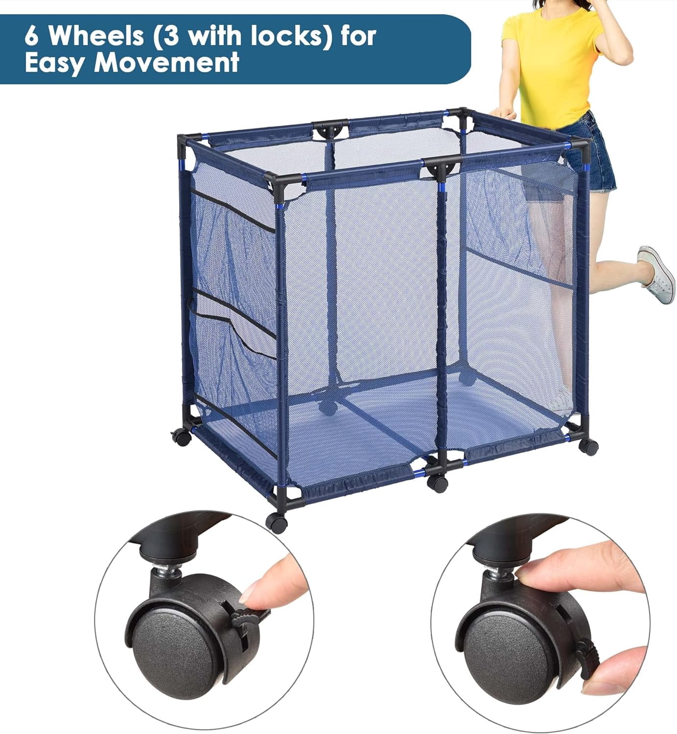 Large Mesh Pool Storage Bin Netting Organizer 36" L x24 W x 35" H Rolling Storage Cart with Extended Sturdy Connector & Metal Frame Organizer for Float Goggles Container, Backyard Garage, Blue