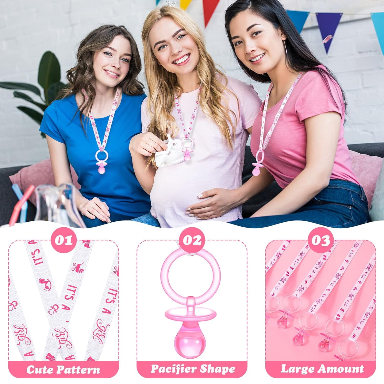 60 Pieces Baby Shower Pacifiers Necklace Acrylic Pacifiers Necklace Charm for Baby Shower Party Favors Decorations, Women Style(Pink, White)