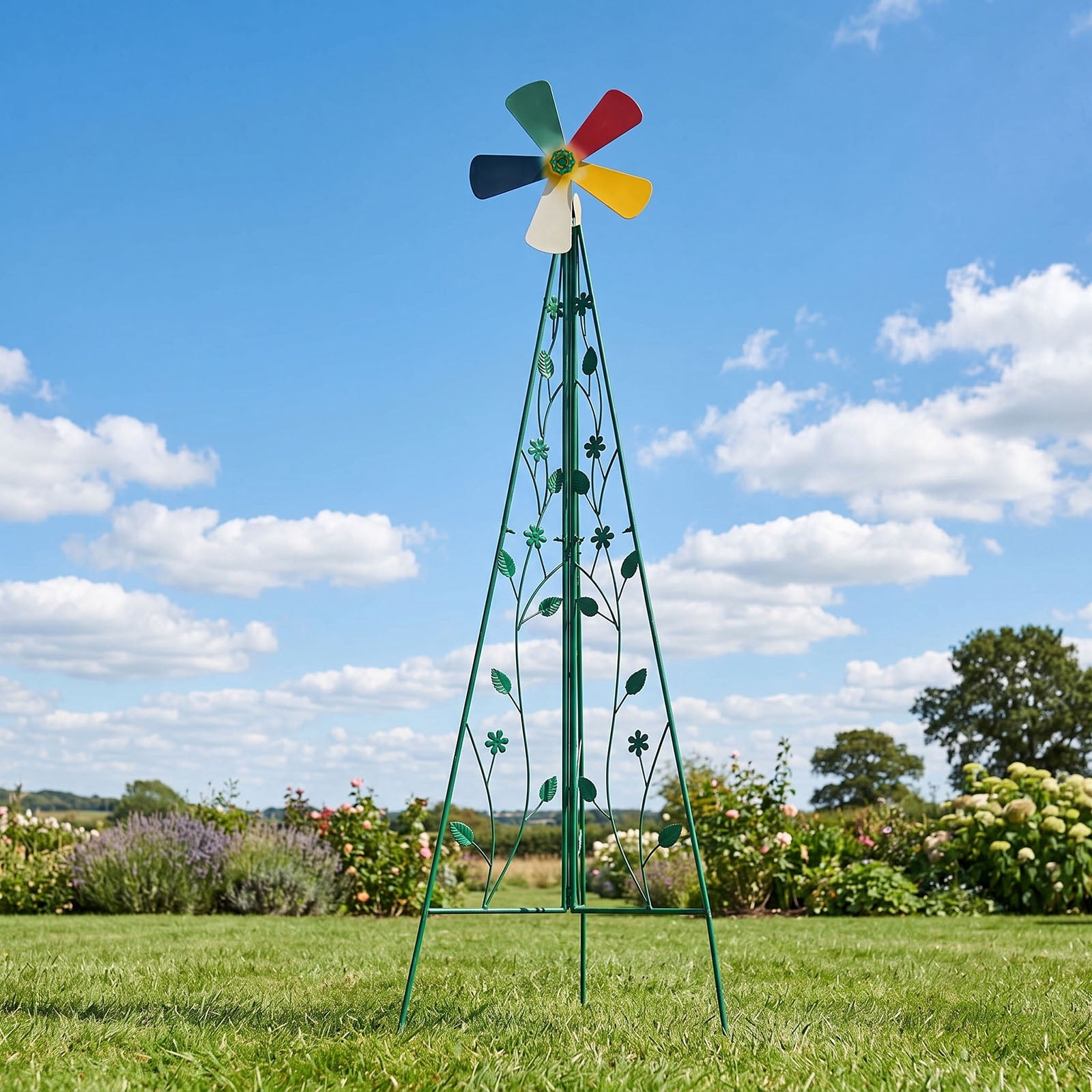 6.2FT Decorative Iron Windmill with 5 Green Rotatable Blades, Tripod Base Weather Resistant Garden Wind Spinner for Yard Patio Outdoor Landscape