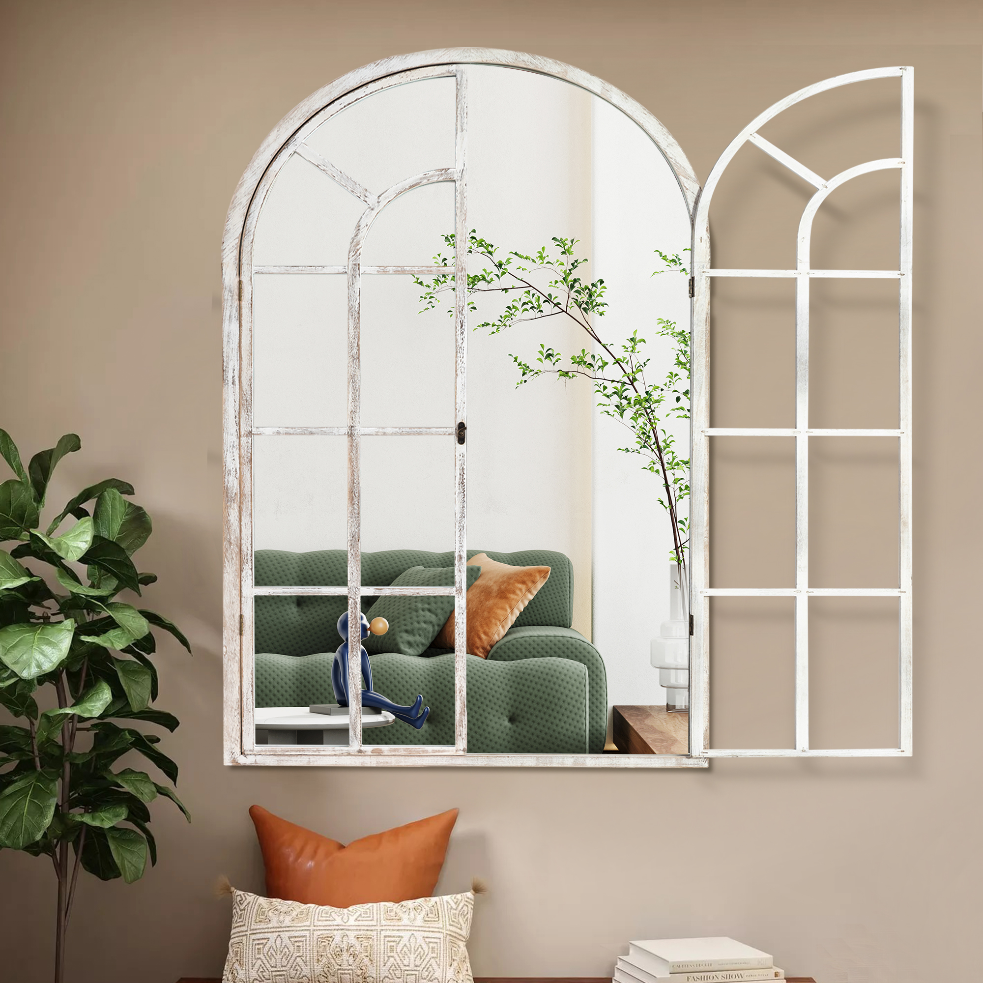 MAYEERTY 36"×24" Weathered White Solid Wood Window Mirror Right-Angle Arch, Grid, Openable for Bedroom