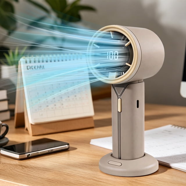Mini ventilador portátil recargable por USB con pantalla digital – 6 velocidades, base desmontable, portátil para viajes, exteriores, oficina y escritorio.