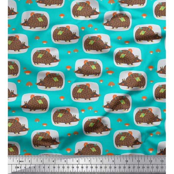 Soimoi Green Cotton Voile Fabric Leaves,Mushroom & Porcupine Cartoon Decor Fabric Printed Yard 42 Inch Wide
