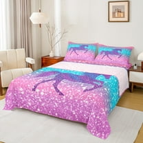 Manfei Horse Slihouette Twin Sheet Sets,Chic Glitter Print Twin Fitted Sheet,Gradient Pink Blue Flat Sheet For Girls,Microfiber Bedroom Decor,3-Piece