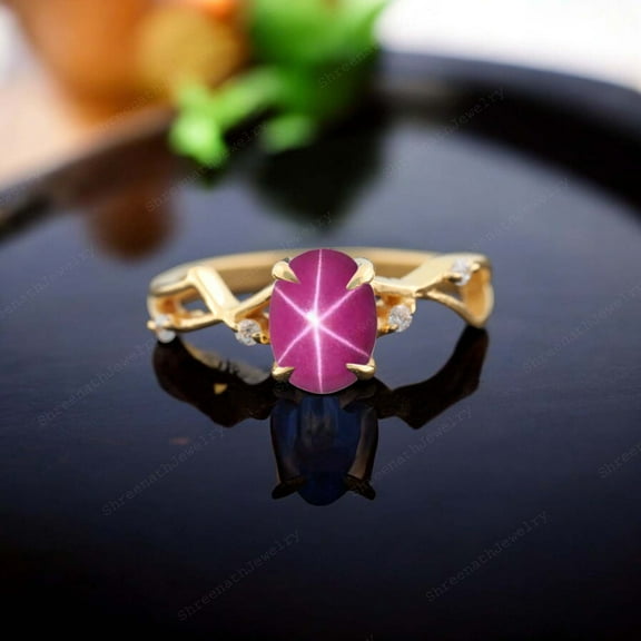 SHREENATHJEWELRY 8x6MM / 2Ct Oval Cut Star Ruby Wedding Ring- CZ Diamond Twig Promise Ring Nature Inspired Proposal Ring Pink Gemstone Ring Anniversary Gift For Wife