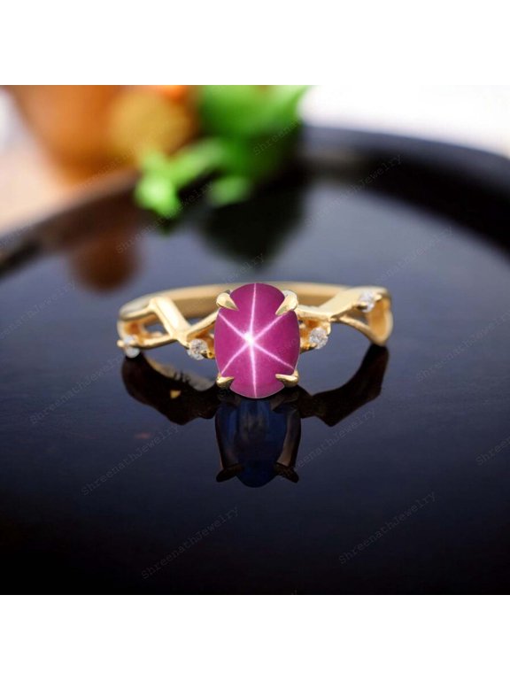 8x6MM / 2Ct Oval Cut Star Ruby Wedding Ring- CZ Diamond Twig Promise Ring Nature Inspired Proposal Ring Pink Gemstone Ring Anniversary Gift For Wife