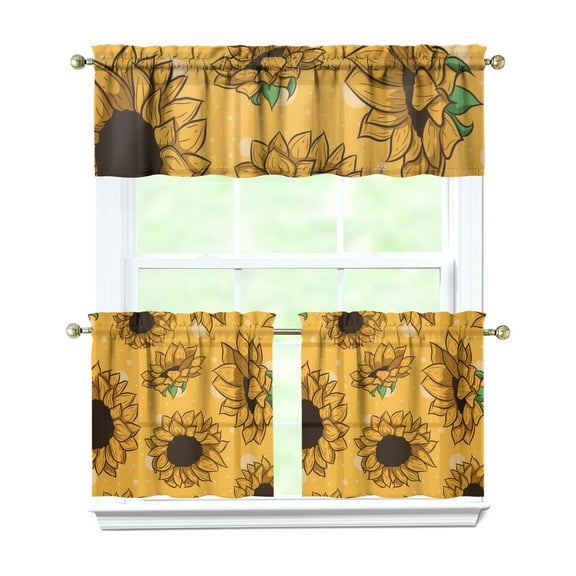 Farmhouse Sunflower Kitchen Curtains Set - 3 Piece Boho Floral Tier & Valance, Rustic Yellow Rod Pocket Window Panels, Country Caf Curtains