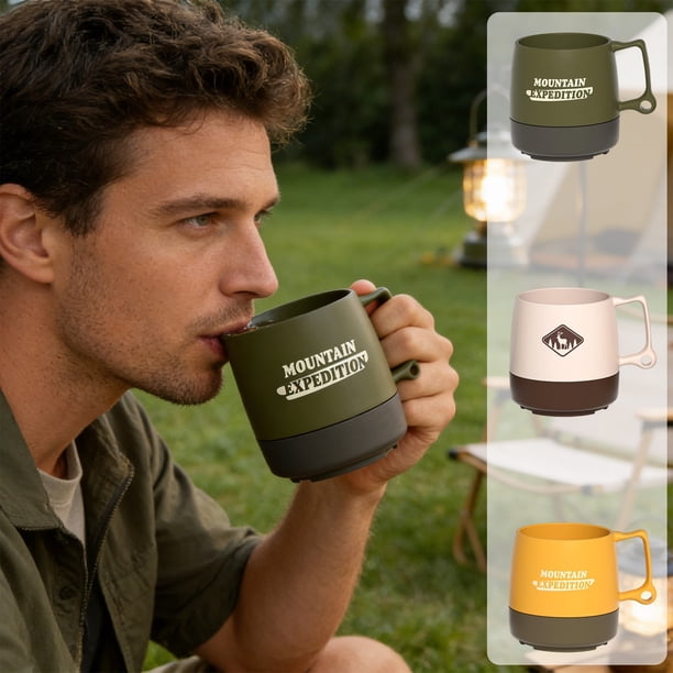 Taza de café de camping Taza portátil de viaje – Asa colgante, taza de plástico para agua y té exterior para senderismo, senderismo y picnic