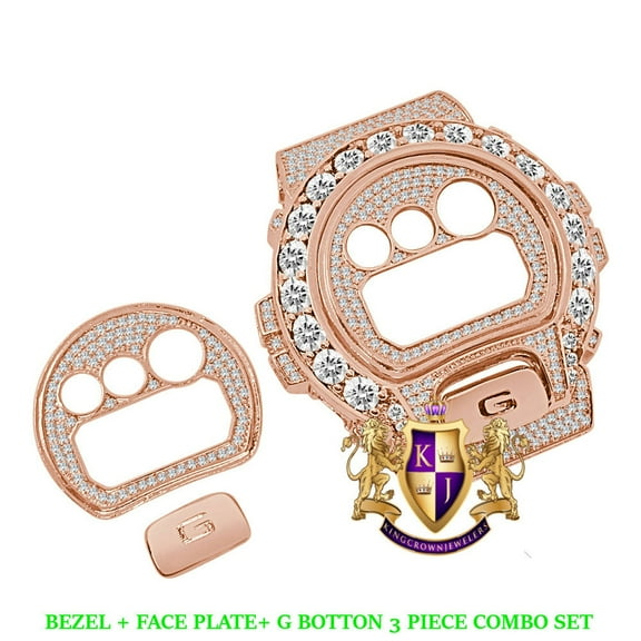 Solitaire Rose Gold Finish G Shock DW-6900 Simulated Diamond Watch Custom Cover Case Face Plate   Bezel   G Button 3 Piece Set