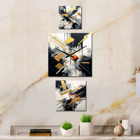 Designart "Depth Corner in Black and Gold VI" Abstract Shapes Multipanel Clock For Living Room Décor - Large Contemporary Wall Clock - Oversized Black Wall Clock - Set Of 3