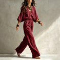 thumbnail image 5 of Clossjun Linen Sets for Women Dressy Casual Cozy Outfits 3/4 Sleeve Top & Wide Leg Pants Fall Vacation Lounge Sets for Work Out Teacher 2XL, 5 of 6
