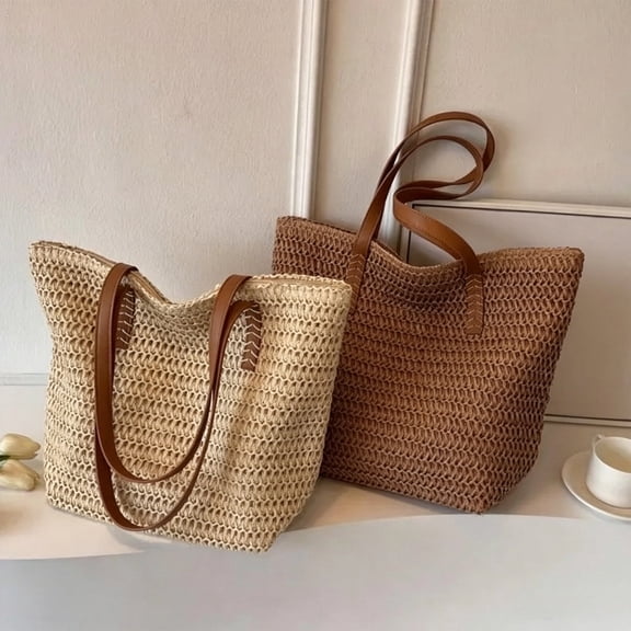 Large Capacity Rope Woven Tote Bag, Solid Color Casual Straw Bag, Stylish Vacation Style Handbag for Women, Perfect for Beach, Outdoor Travel and Daily Casual Outfit Matching, Beige