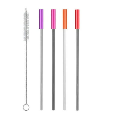 Brushed Stainless Steel Cover - Stainless Steel Metal Reusable Drinking Straws with Cleaning Brushes and Silicone Cover Tip