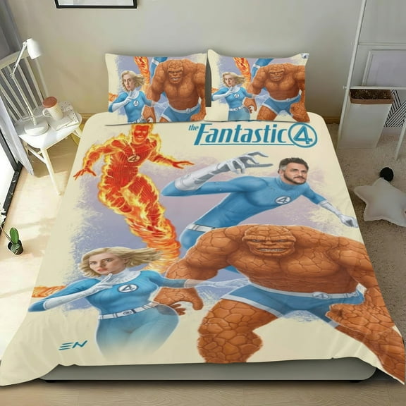 The Fantastic Four First Steps Themed Bed Sheet Set Three Piece Set 53x79 In ches Comfortable And Skin Friendly Unique Design Creating A Star Studded Night Home Decor Gifts For Family Friends fans