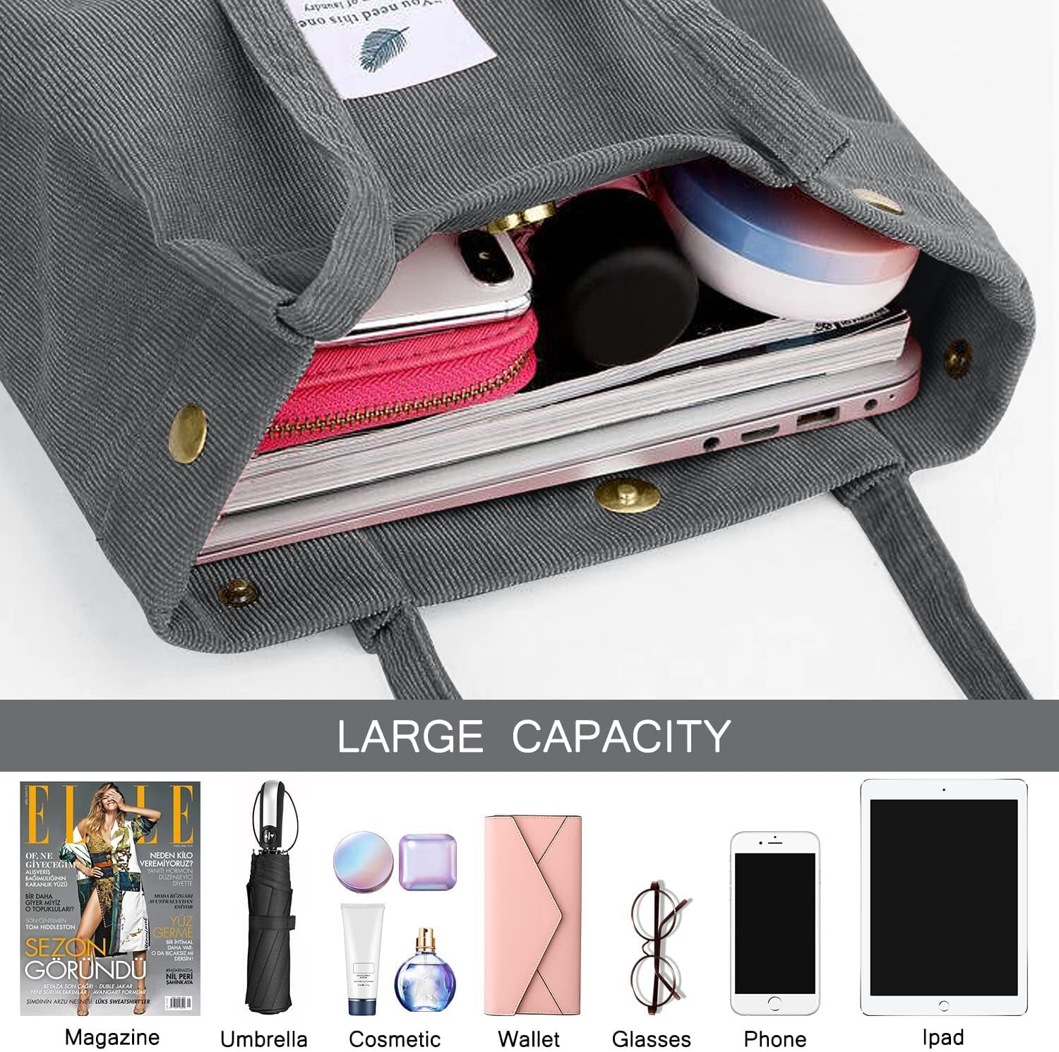 KWLET Tote Bag Handbags Black Shoulder Bags for Women Corduroy for Work  School Travel Shopping