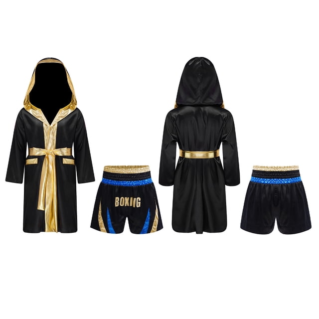 Yhong Kids Boys Boxing Costume Halloween Boxer Cosplay Dress Up Satin Boxing Robe with Belt and Shorts Set Blue&Gold 8