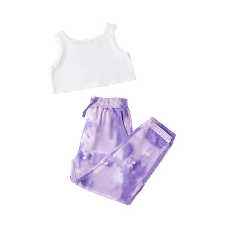 

Kids Suit Set Letter Embroidery Camisole+ Tie-Dyed Long Pants Girls 2-7 Years Summer Fashion Clothes