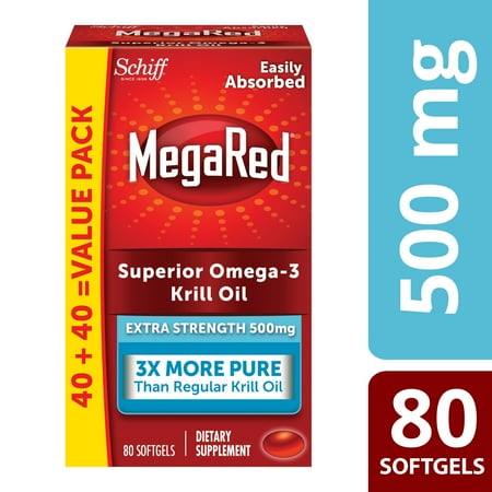 - MegaRed Superior Omega-3 Krill Oil Softgels, Extra Strength, 500 mg, 80 Ct