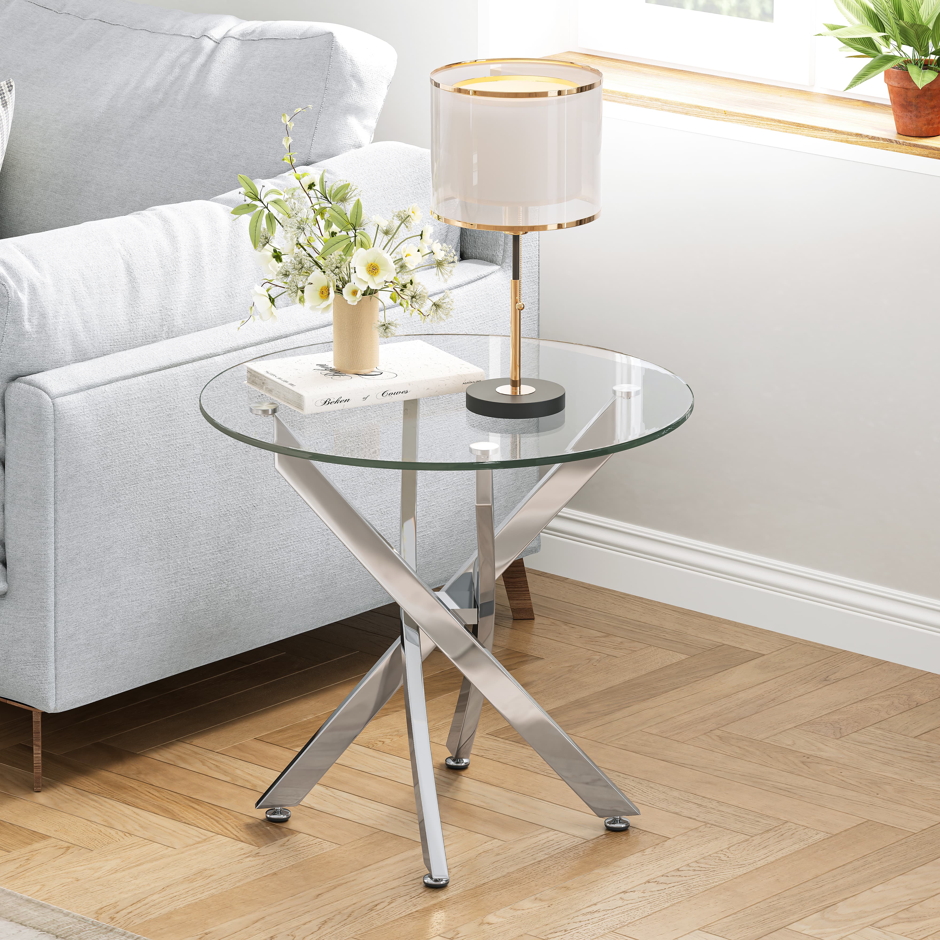 3-Piece Modern Living Room Set-35.43" Round Glass Coffee Table & 23.62" End Tables, Stainless Steel Base & Tempered Safety Glass Top, Sleek Set for Home, Apartment, Office