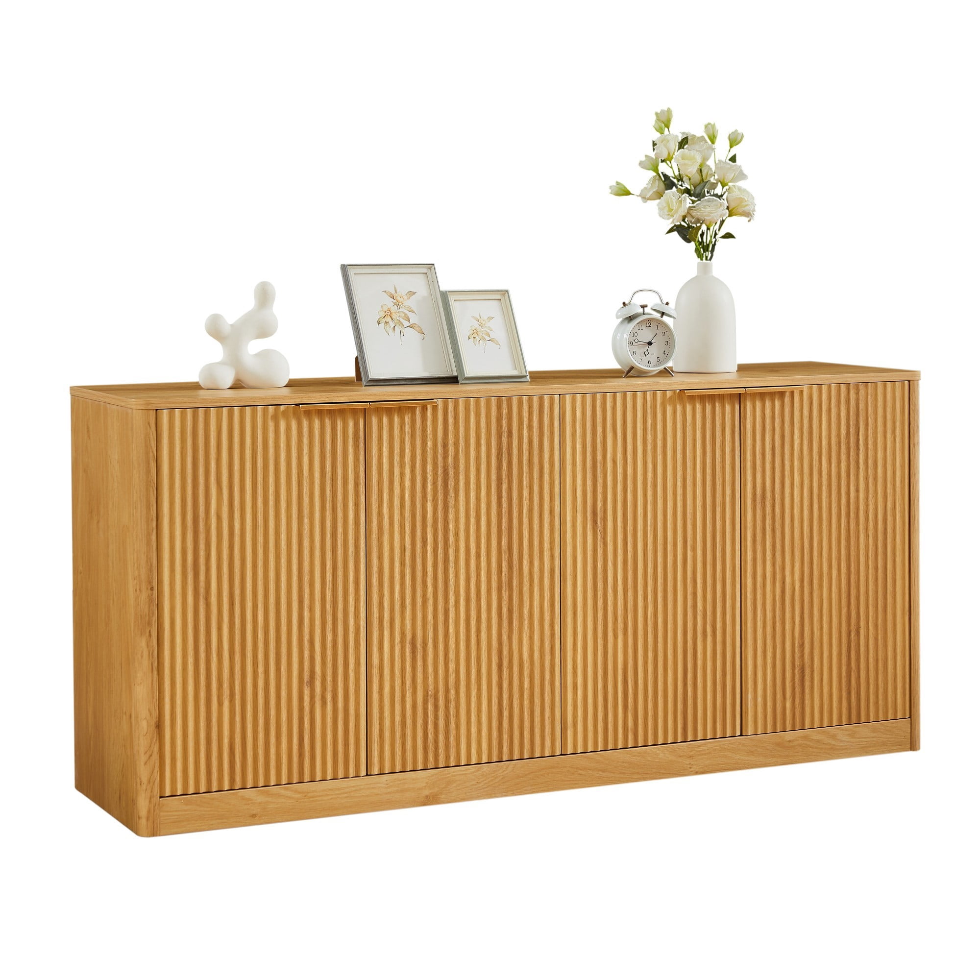 59" Modern Wavy Sideboard Cabinet, Curved 4-Door Storage Cabinet, TV Stand Buffet Cabinet for Living Room Bedroom Kitchen, Natural