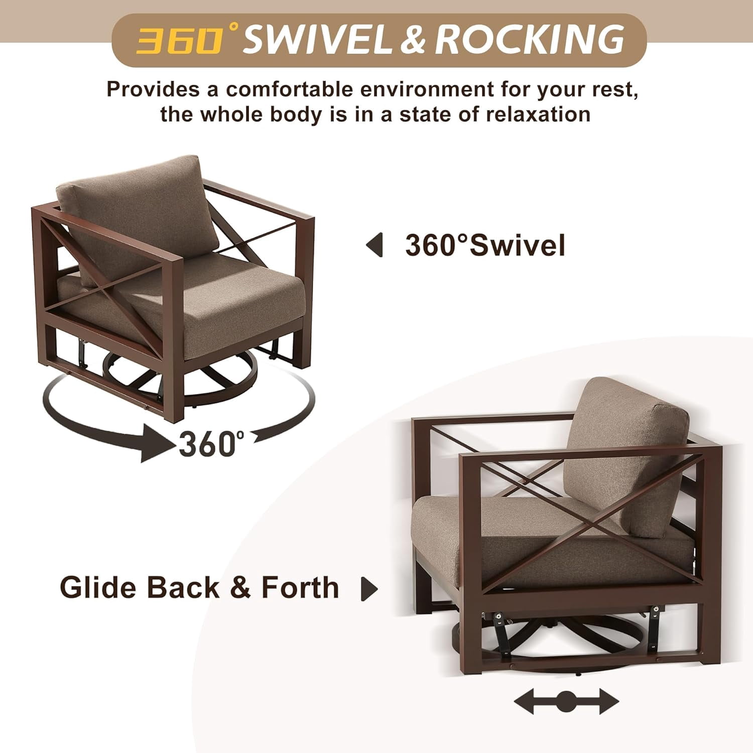 3 Piece Outdoor Swivel Rocker Chair Set, 360° Swivel Rocking Patio Chairs with Side Table, Aluminum Frame, 5.2" Thick Cushions, 380 lbs Capacity for Porch, Deck, Backyard, Balcony