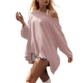 thumbnail image 4 of ManxiVoo Off Shoulder Sweatshirt for Women Solid Color Loose Fit Soft Casual Fall Top Irregular Hem L Size Pink, 4 of 4