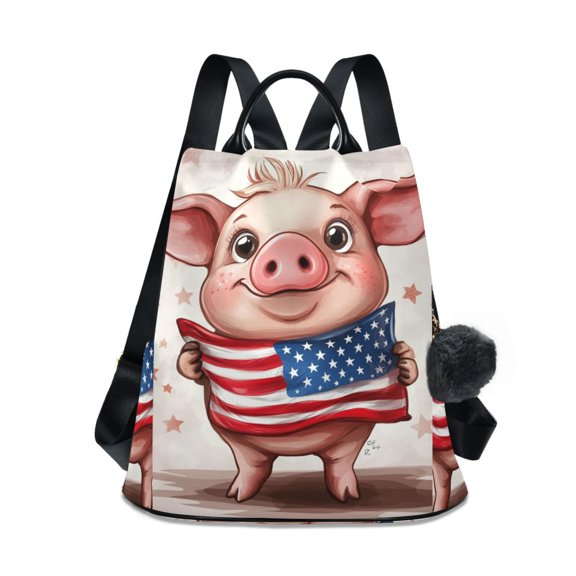 Travel Backpack for Women Large Capacity College Bags Multi-pocket Casual Daypacks 15 Inch Cartoon Pig with Usa Flag