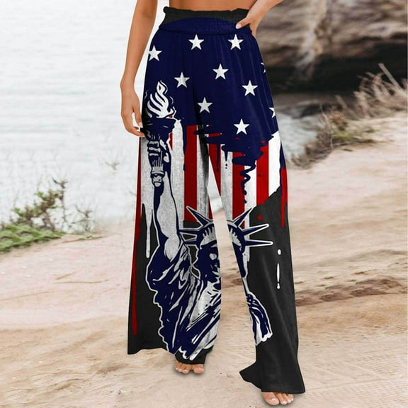 Lilgiuy 4th of July Pants for Women Printed Casual High Waisted Loose Wide Leg Straight Leg Pants with Two Extra Pockets Independence Day Pants Alt Clothing Alternative Clothing