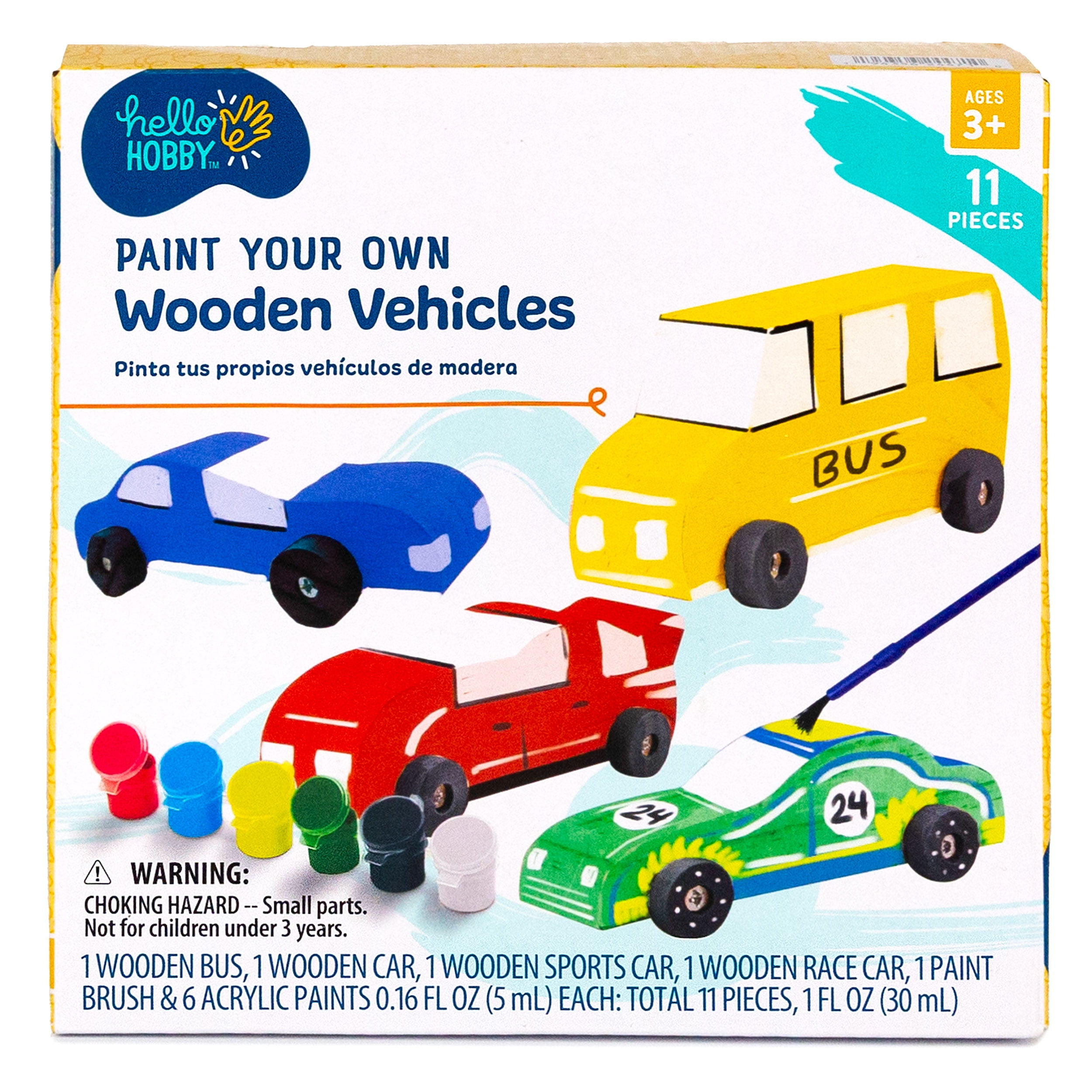 Hello Hobby Paint Your Own Wooden Vehicles Kit with 4 Vehicles, 6