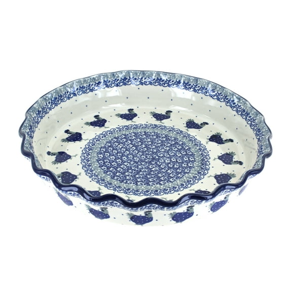 Blue Rose Polish Pottery Barnyard Rooster Pie Plate