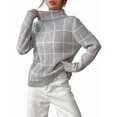 thumbnail image 2 of Women Fall High Neck Plaid Sweater Long Sleeve Loose Casual Chunky Checked Knit Winter Sweaters Jumper Tops Gray M, 2 of 10