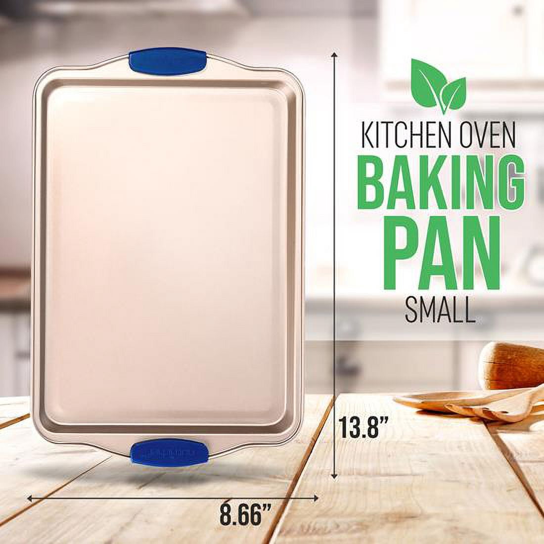 NutriChef 13” Non Stick Cookie Sheet, Small Gold Commercial Grade Restaurant Quality Carbon Metal Bakeware with Blue Silicone Handles, Compatible with Model NCSBSG63