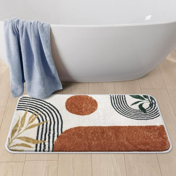 Bath Mat for Bathroom Boho Plant Green Brown Shaggy Bathroom Mat Non Silp Water Absorbent Bath Rug Soft Washable Floor Rug Round Lines Leaf for Tub Showers Laundry Room Decor