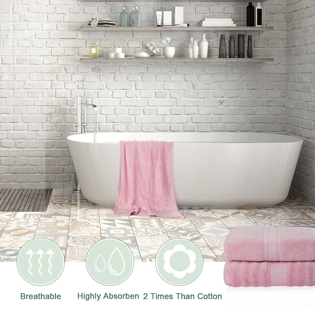 PiccoCasa Absorbent Bamboo Cotton Bath Towels 2pcs 27x54 inch, Pink
