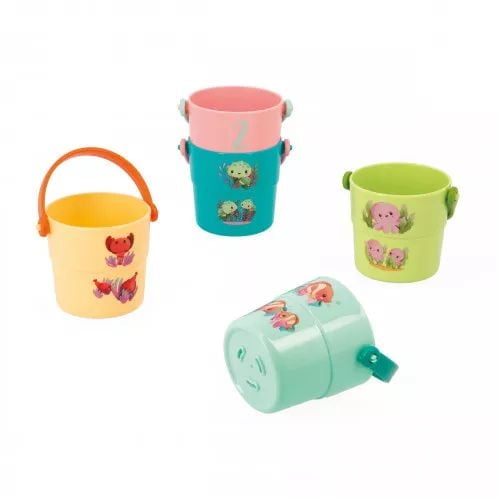 Janod - Animals 5 Game Buckets for the Bathtub - Bath Toy Educational Game for Baby Bucket with Baby Sea Animals - from 10 Months