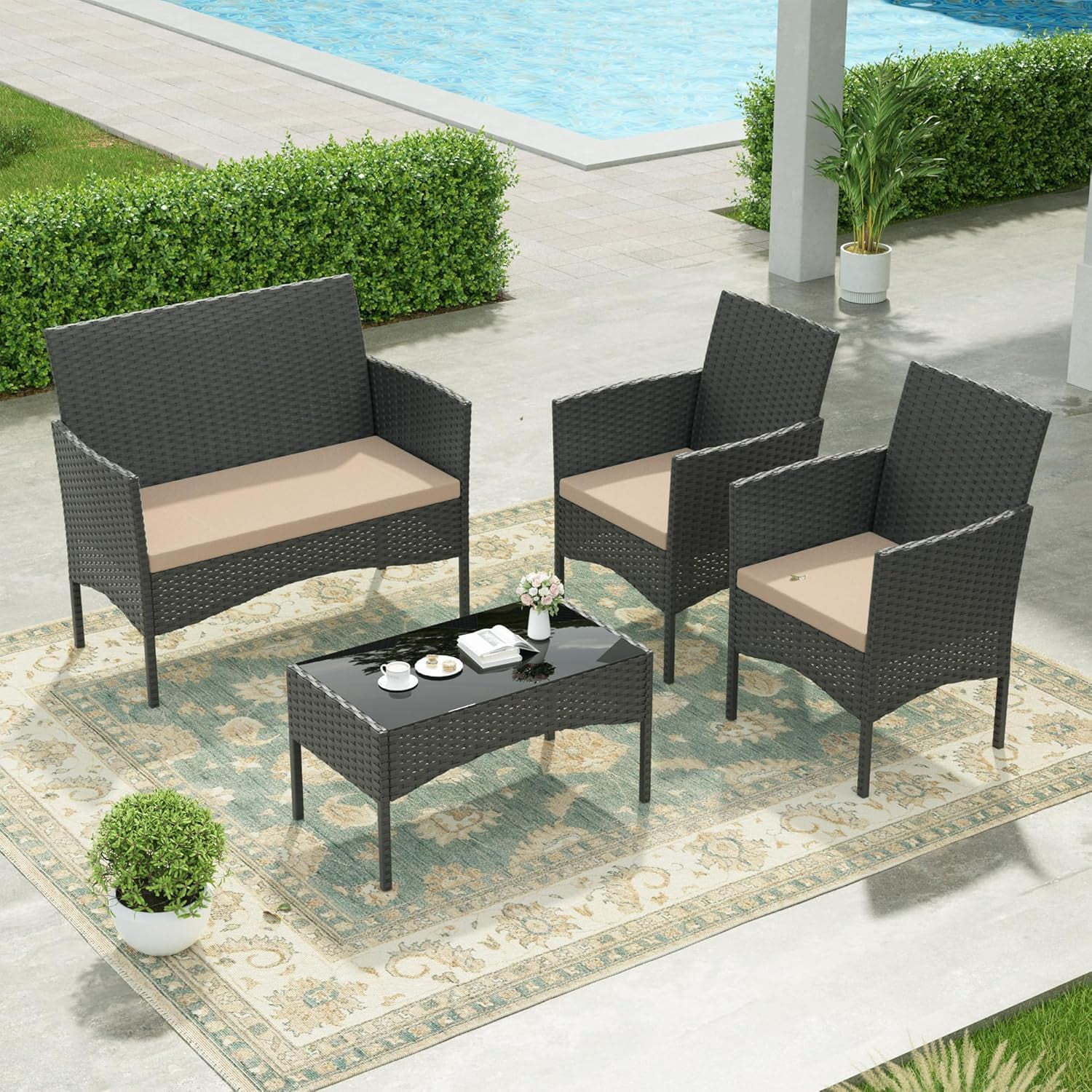 Kullavik 4 Pieces Outdoor Patio Furniture Set,PE Wicker Rattan Chairs Garden Conversation Sets with Tempered Glass Table and Soft Cushions for Lawn,Pool or Backyard,Sand