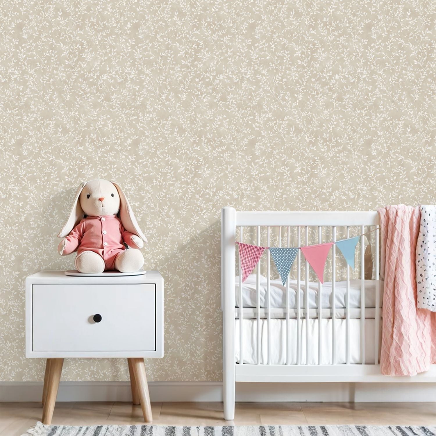 Peel and Stick Wallpaper Elegant Beige Floral Vine Delicate White Leaves Wall Mural 23.6in x 9.8ft Self Adhesive Removable Wall Paper Renter Friendly Wallpaper for Nursery Bedroom Cabinets