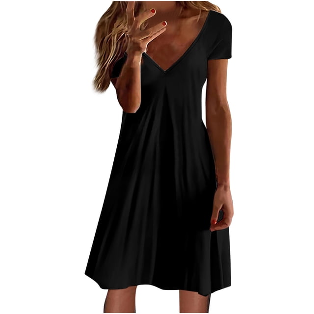 Falda de vestido de manga corta elástica suelta de Color sólido con cuello en V informal de moda para mujer Pompotops qwe13107
