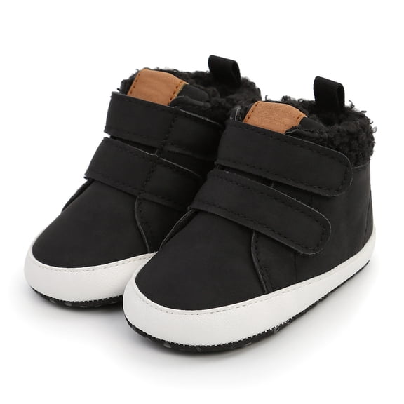 Xijirk Solid Baby Toddler High Top Warm Lined First Walking Shoes, Dual Hook and Loop Non Soft Sole Winter Boots for Boys Girls Indoor Outdoor Wear Black,12-18 Months