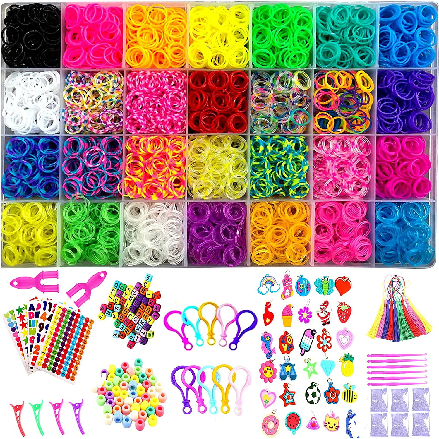 2000 COLOURFUL RAINBOW RUBBER LOOM BANDS BRACELET MAKING KIT SET WITH S-CLIPS 