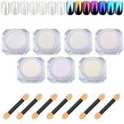 Firstfly 7 Colors White Pearl Chrome Dust Nail Powder, Aurora Metallic Holographic Mirror Effect Iridescent Shell Powder Glitter Shimmer Mermaid Art Pigment Manicure Powder for Nails Decoration