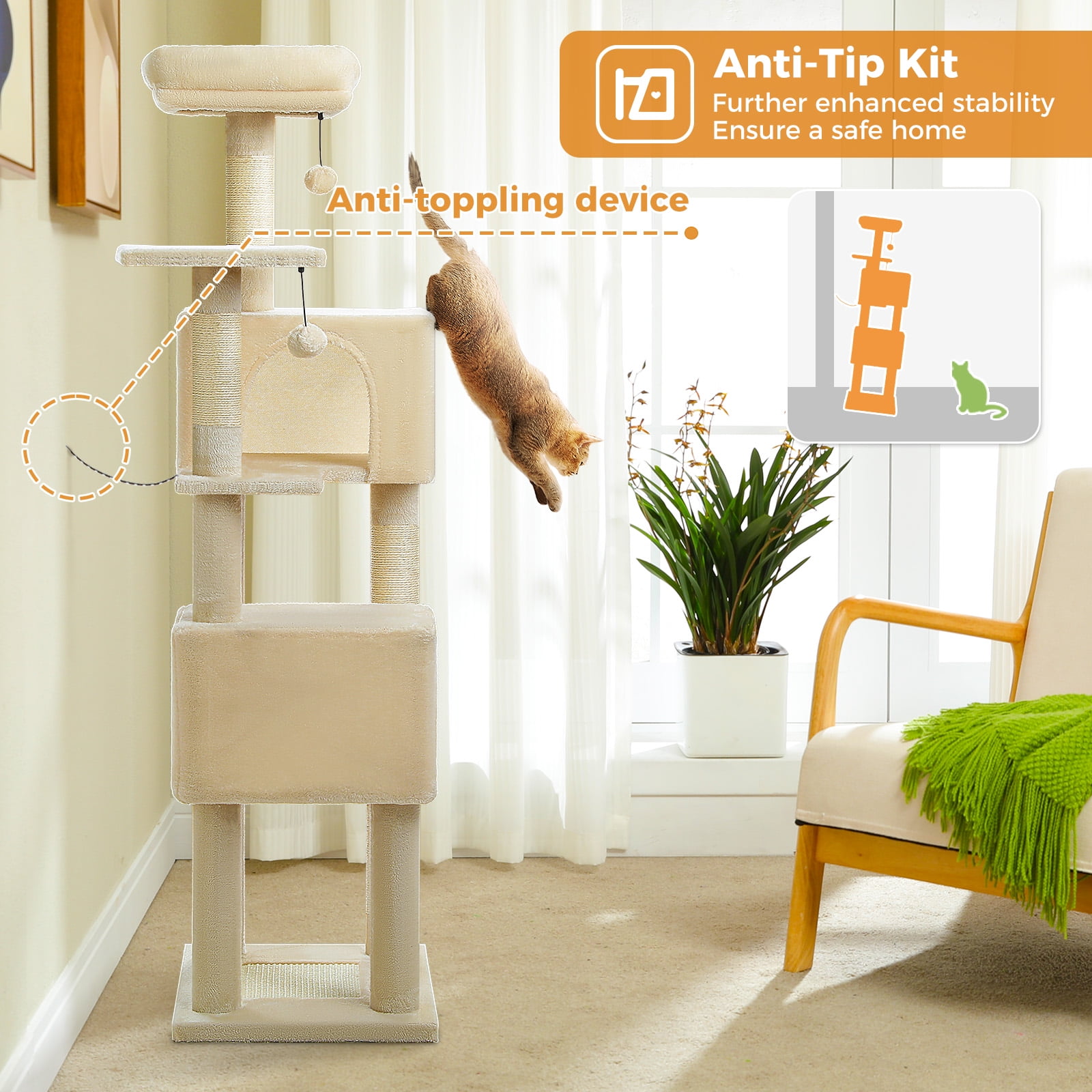 resenkos 62" Multi-Level Cat Tree for Indoor Cats, Cat Tower with Cozy Cat Condo and Top Perch for Small&Medium Cat, Beige