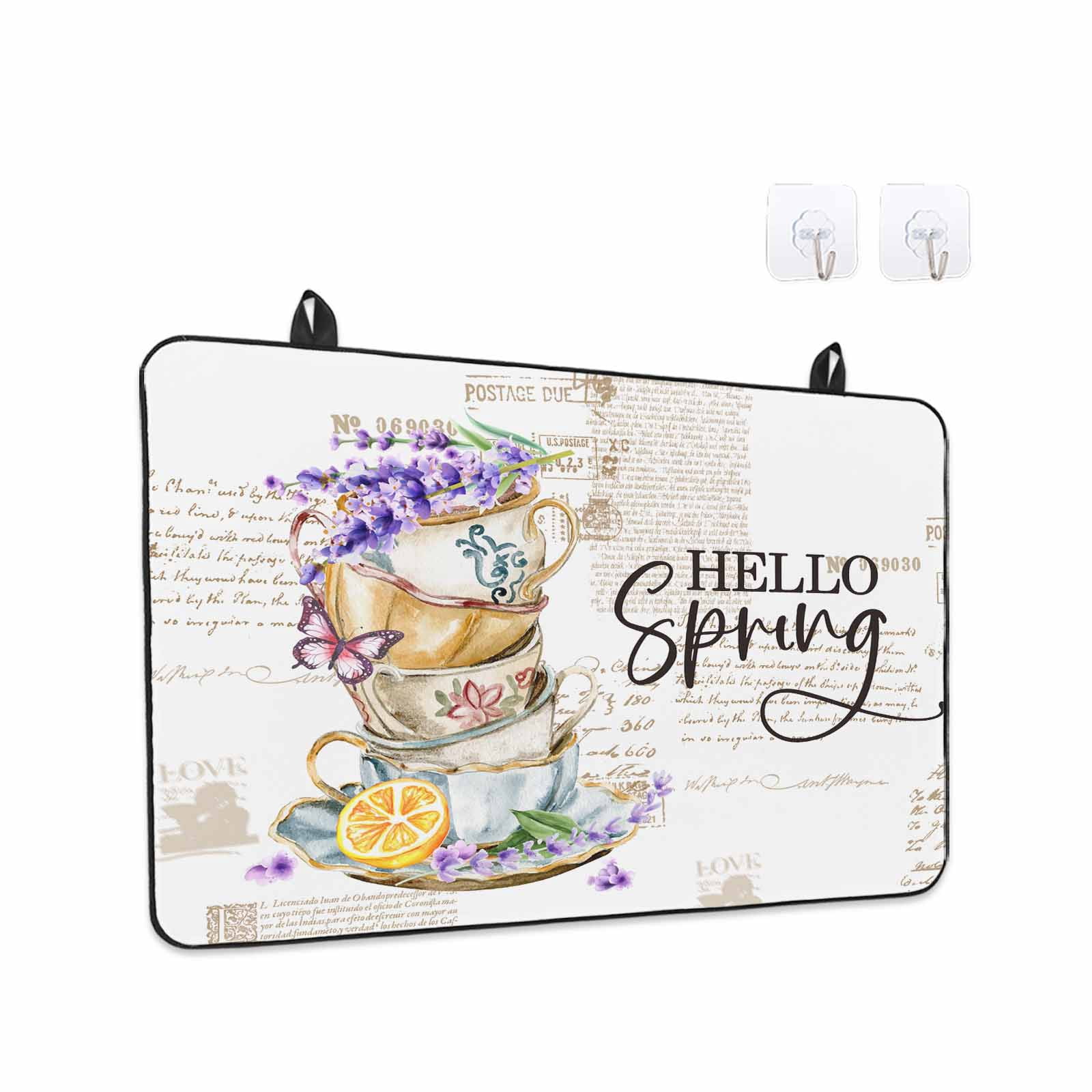 Hello Spring Stove Top Cover for Electric Stove, Heat-proof & Non Slip Glass Top Stove Cover Protector, Purple Floral Botanical Coffee Cups Kitchen Flat Cooktop Rubber Mat 24x21 Inches