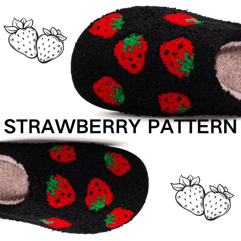 BERANMEY Cute Fruits Print Slippers for Women Soft Plush Comfy Warm Slip-On Couple CartoonWomens Slippers Indoor Fluffy House Slippers for Women and Men Non-slip Fuzzy Flat Slides