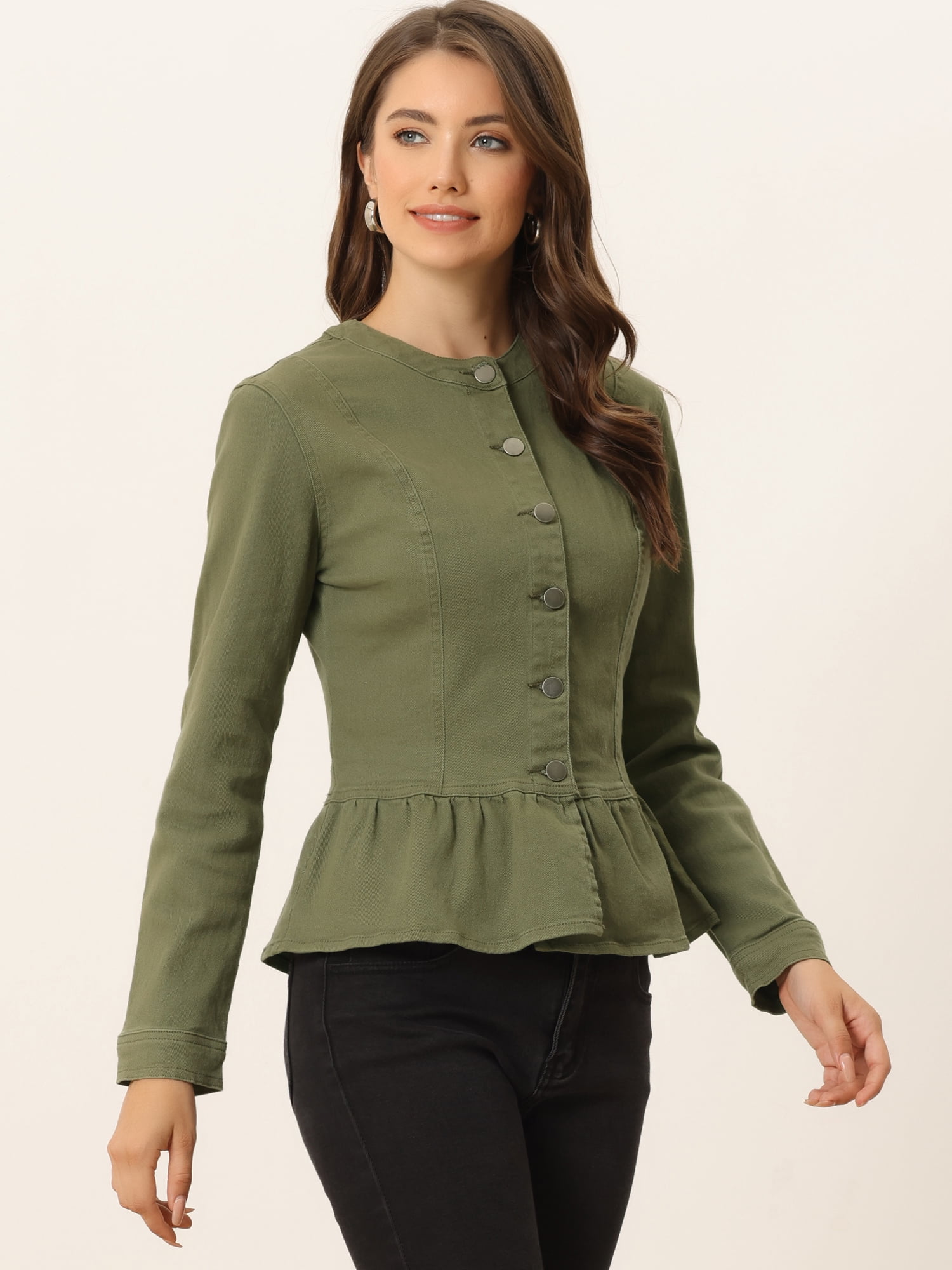 DARING DIVA Women's Button Down Cropped Ruffle Hem Denim Jacket L Army Green