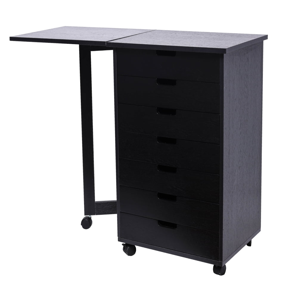 Lowestbest Wood Filing Cabinet with 7 Drawer Gate Leg, Mobile Pedestal Roll Cart with Desk, Cabinet Box/Box/File Full Width Pull, Black